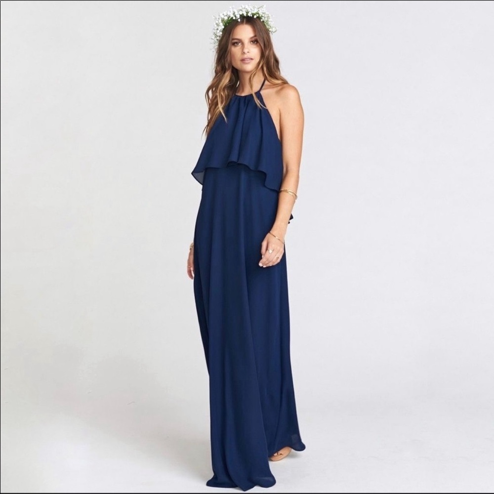 NEW Show Me Your MuMu Aimee Ruffle Halter Navy Blue Open Back Chiffon Maxi Dress